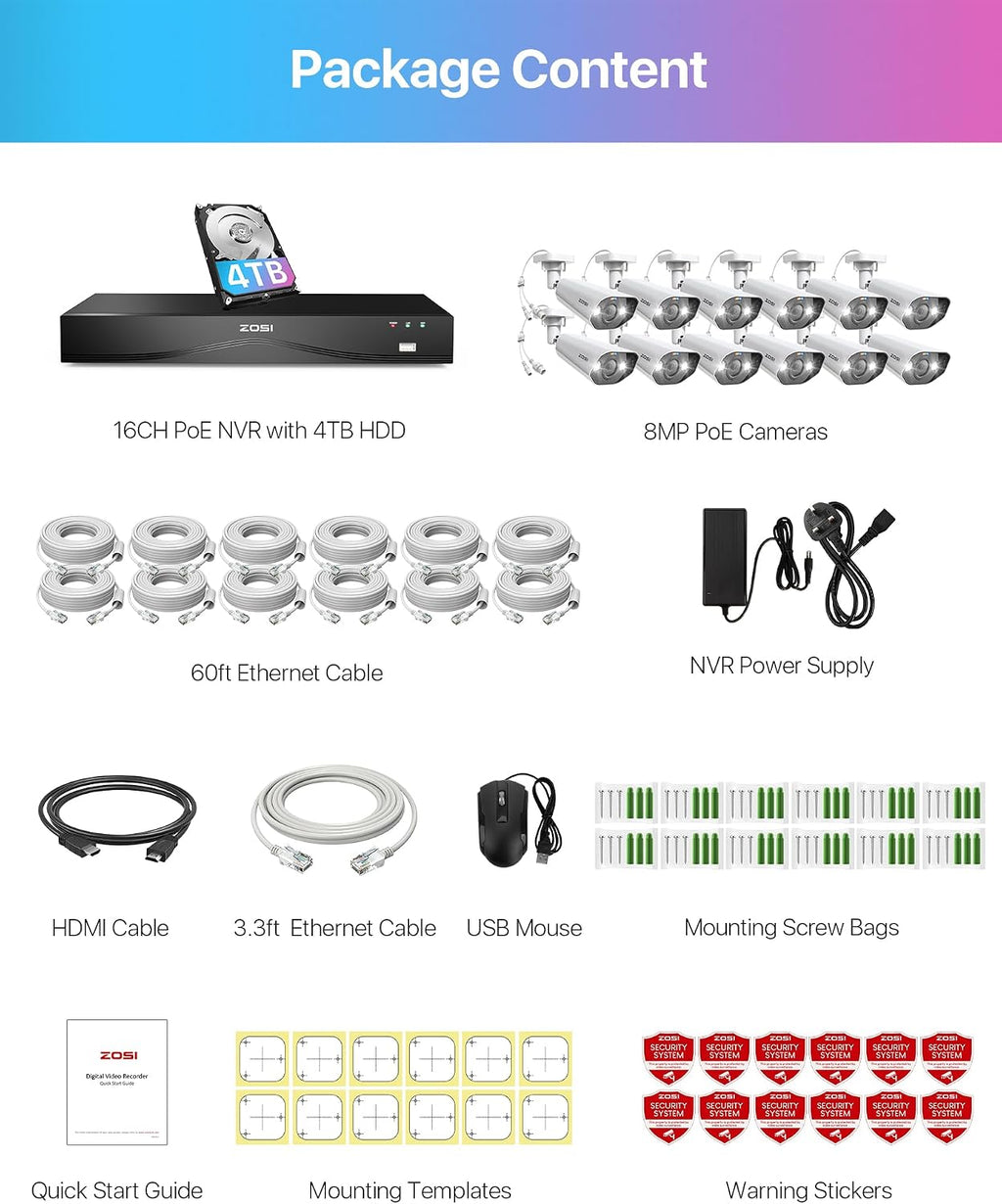 ZOSI 16CH 4K PoE Security Camera System with 2-Way Audio, 12pcs 8MP Outdoor Indoor Metal IP Cameras, AI Person Vehicle Detection, Color Night Vision, 16Port 32CH NVR with 4TB HDD for 24/7 Recording
