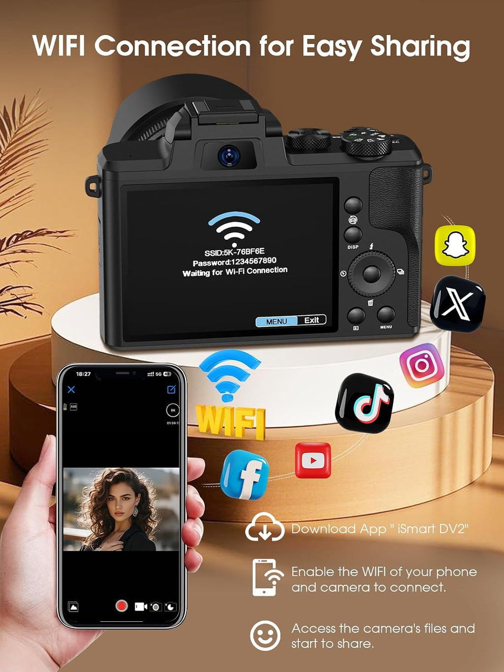 8K Digital Camera, 88MP Cameras for Photography with WiFi & Touch Screen, 16X Zoom Vlogging Camera for YouTube Video, Autofocus & Anti-Shake, Dual Camera, 2 Batteries, 64GB Card, Flash, Lens Hood