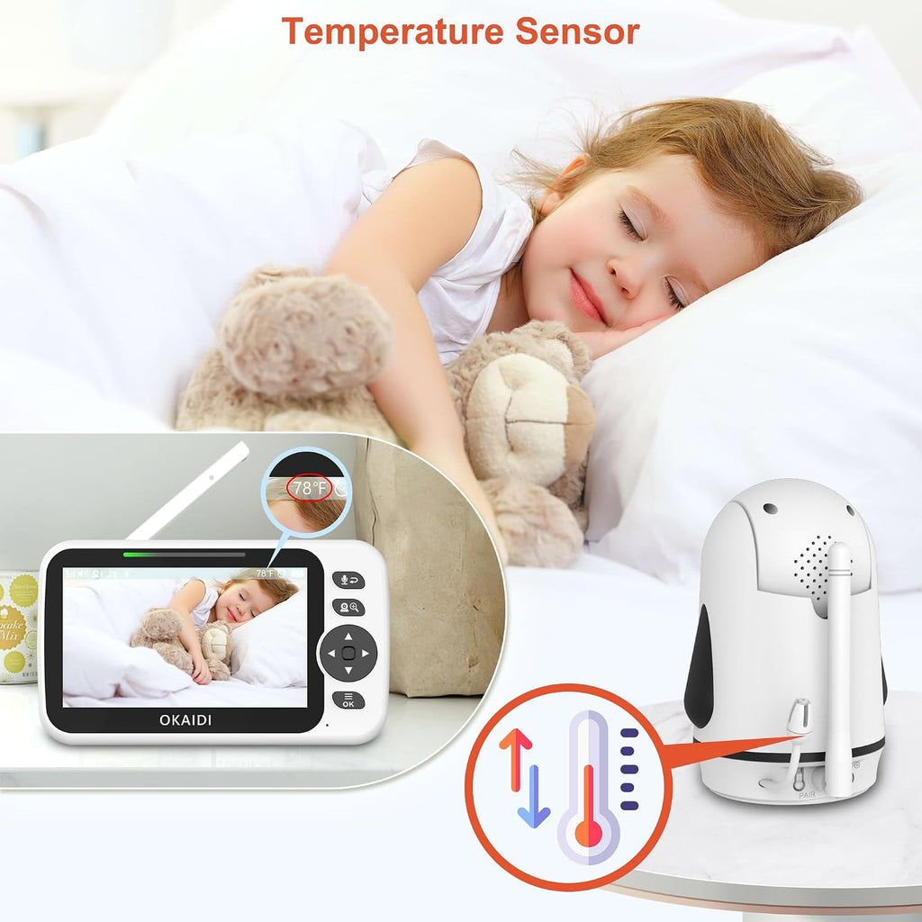 OKAIDI Video Baby Monitor with 4 Cameras, 5' Display Baby Monitor No WiFi, 30H Battery and 1000ft Range, 2-Way Talk, 8 Lullabies, Remote Pan-Tilt-Zoom Baby Camera for Baby Pet Elderly