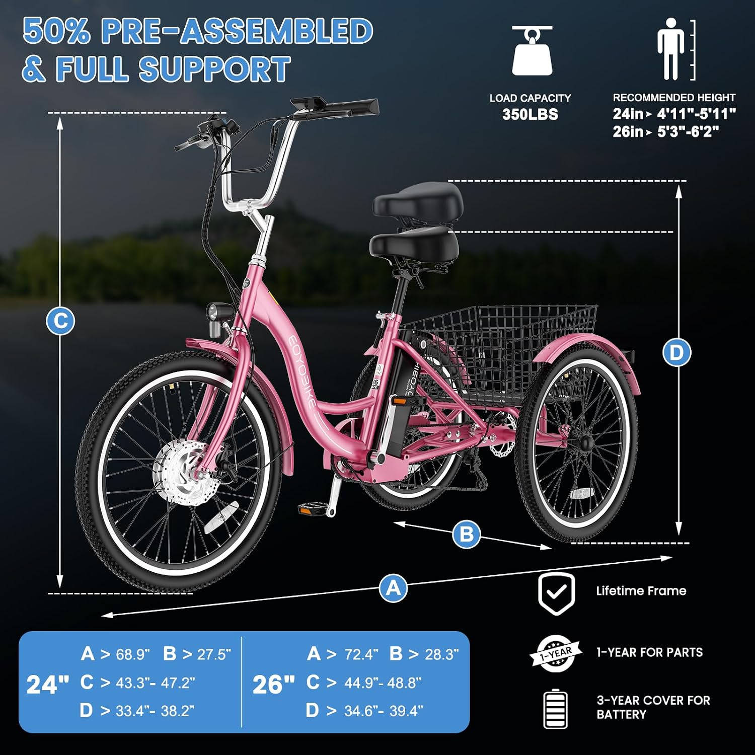 MOONCOOL Adult Electric Tricycle, 350W Front Drive Motor (Peak 700W), 15.5MPH E-Trike, Removable 36V 10.4Ah Battery, Max 60 Miles, 7-Speed 3 Wheel Electric Bike