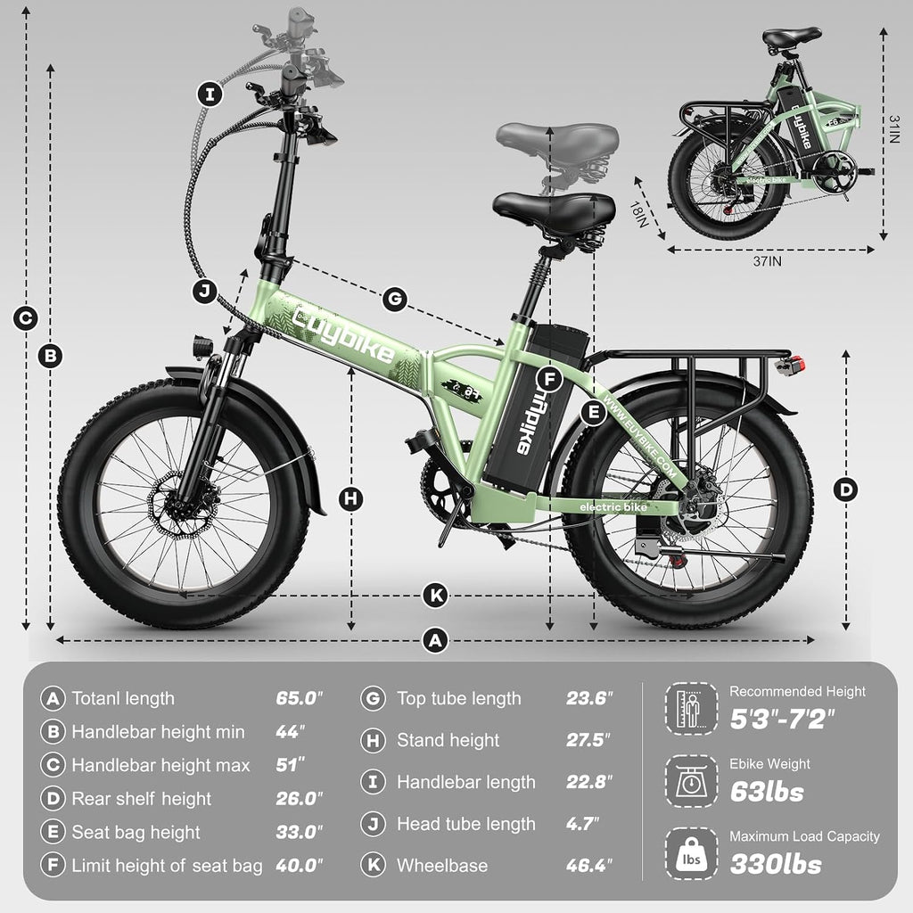 Foldable Electric Bike for Adults, 48V 20Ah Removable Lithium Battery up to 80Miles, 20' Fat Tire 1000W Peak Motor Dirt Ebike Adult Electric Bicycle for Commute Beach Mountain E Bike