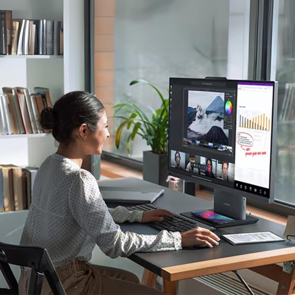 Lenovo IdeaCentre 27' Touchscreen All-in-One Desktop Computer • 6-core AMD Ryzen 5 Processor • 16GB DDR5 • 256GB SSD • Office 365 for The Web • Wireless KB&Mouse • Wireless Charging Base • Win 11