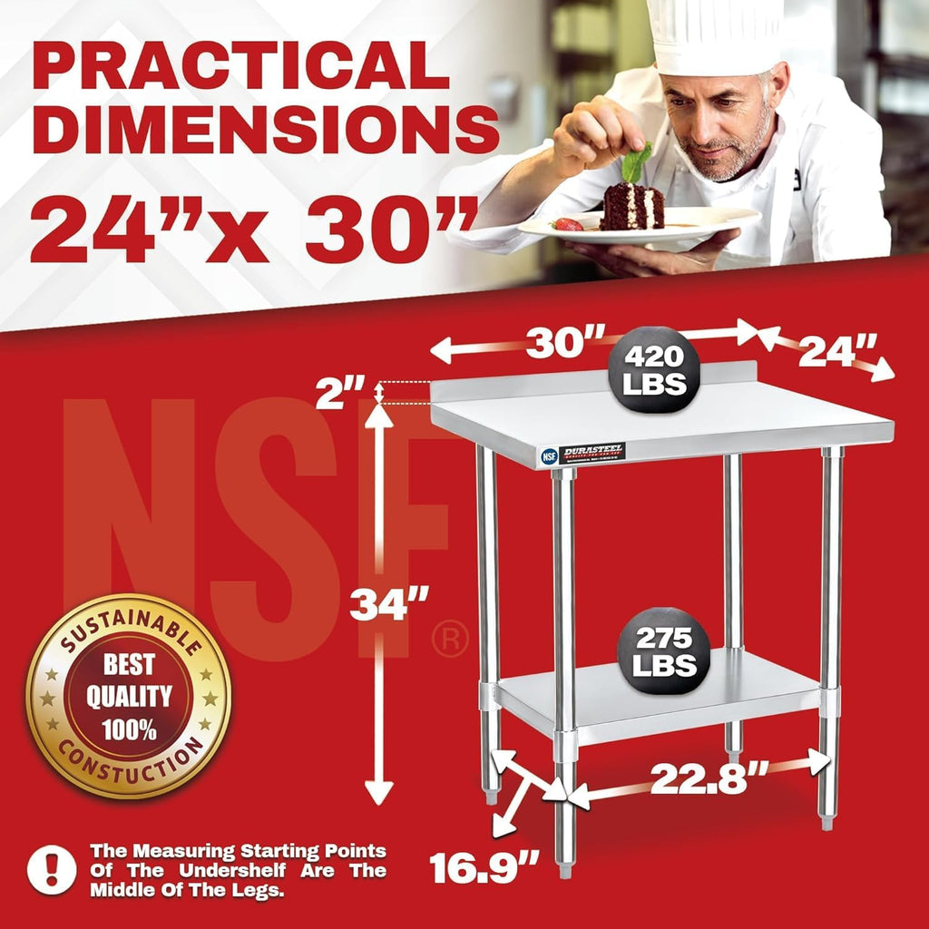 DuraSteel NSF Stainless Steel Table - 24 x 30 Inch Metal Work Table w/Undershelf - Commercial Kitchen, Restaurant, Garage, Laundry - Outdoor Stainless Steel Prep Tables Countertop Island Grill Small