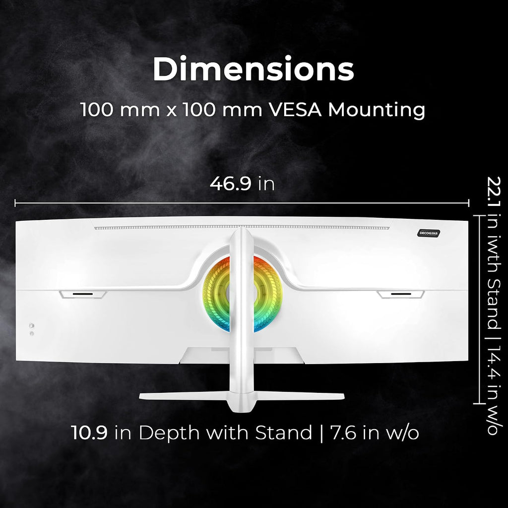 Deco Gear 49' Curved Ultrawide 5K Gaming Monitor, 32:9, 120 Hz, 101% NTSC 100% sRGB, USB-C 65W, Adjustable, Home Office and Entertainment Workstation - Exclusive White Edition