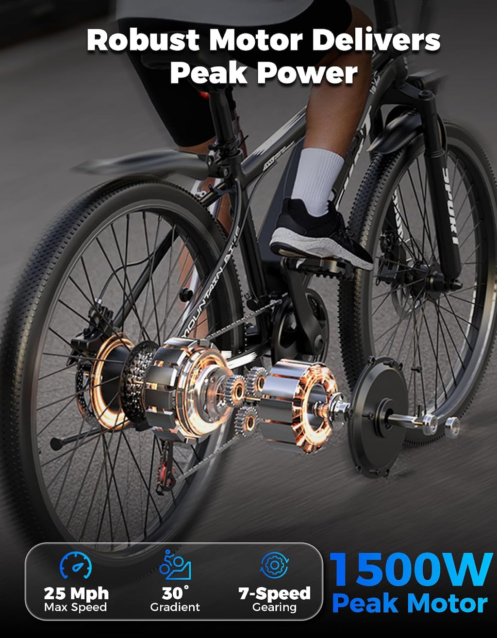 Misodo Electric Bike for Adults, 1500W Peak Mountain Ebike with 28 MPH, 65 Miles Range, 7 Speeds, 48V 10Ah Removable Battery 26' Ebike for Commute