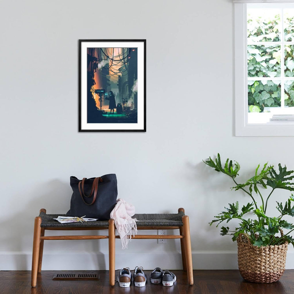 ART.COM Wall Art Print Sci-Fi Scene of Robot Using Futuristic Computer in City Street,Illustration Painting on Black Frame by Tithi Luadthong, 21' x 29'