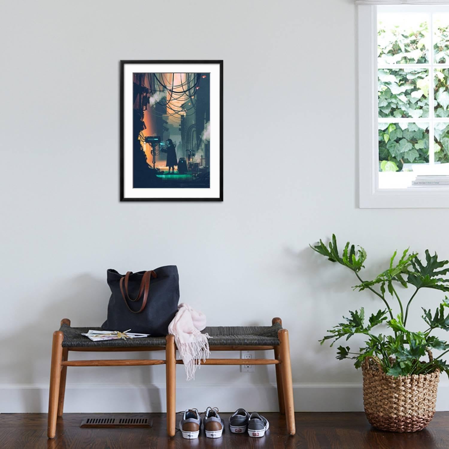 ART.COM Wall Art Print Sci-Fi Scene of Robot Using Futuristic Computer in City Street,Illustration Painting on Black Frame by Tithi Luadthong, 21' x 29'