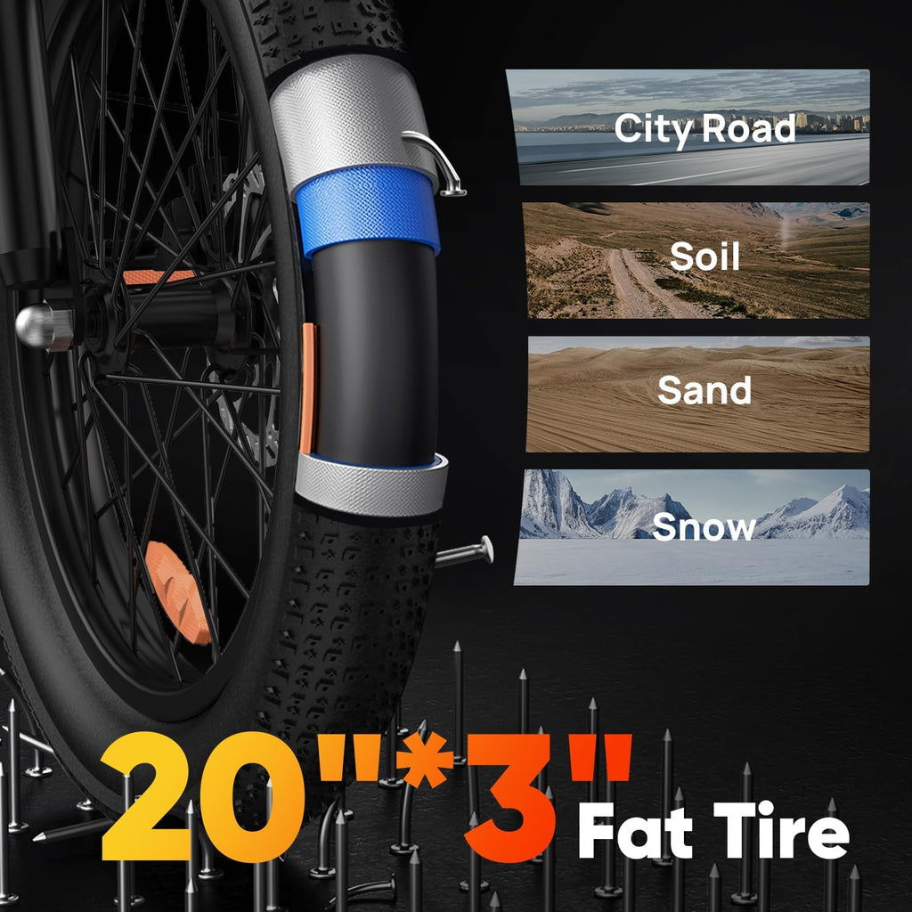 URLIFE 20'*3.0 Fat Tire Electric Bike for Adults, 28MPH 48V, 80-Mile, 7-Speed & Suspension, Adjustable Seat for Adults and Teens, UL 2849