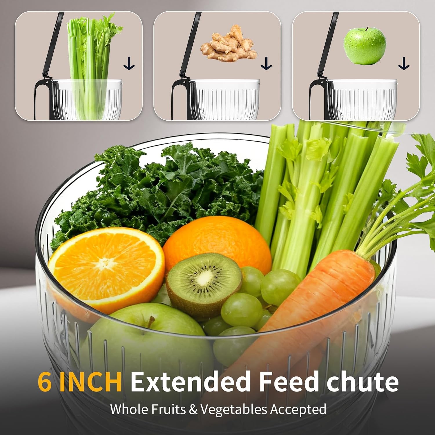 Mokero Cold Press Juicer, 6' Large Feed Chute(57oz Capacity), Slow Masticating Juicer Machines for Whole Fruit and Vegetable, 300W Juice Extractor Machine, Easy to Clean & High Juice Yield