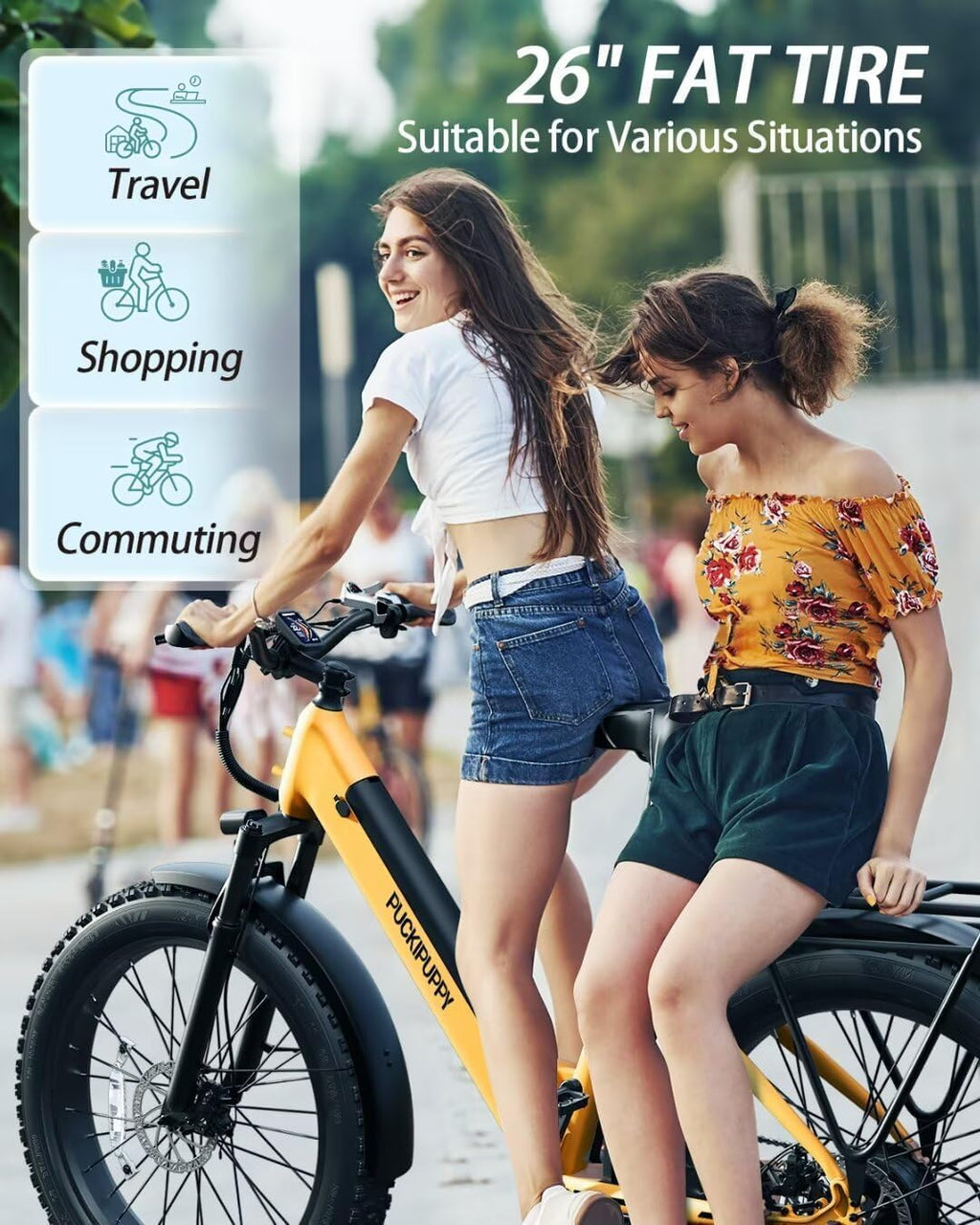 PUCKIPUPPY Electric Bike for Adults 960W Peak, 48V 15AH Removable Battery Electric Bicycle, 28MPH Commuter E-Bike, 7 Speed, Up to 60 Miles,All Terrain 26' Fat Tire Front Suspension, Samoyed