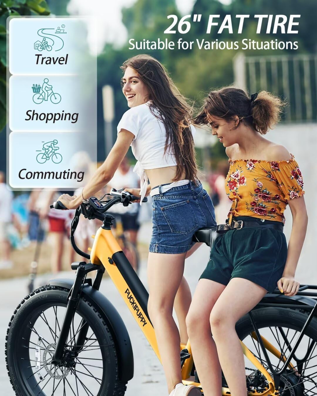 PUCKIPUPPY Electric Bike for Adults 960W Peak, 48V 15AH Removable Battery Electric Bicycle, 28MPH Commuter E-Bike, 7 Speed, Up to 60 Miles,All Terrain 26' Fat Tire Front Suspension, Samoyed