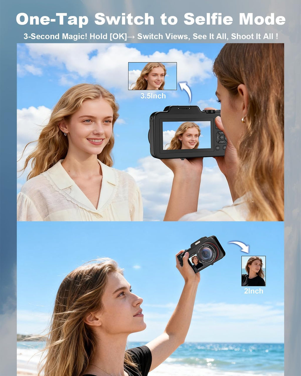 5K-Digital-Cameras for Photography: 2026 Upgrade 80MP 3.5'+2' Dual Screen for Self-Framing 18X Zoom Autofocus Vlogging Camera for YouTube/Content Creators/Beginners/Travel, 64GB Card, 2 Batteries