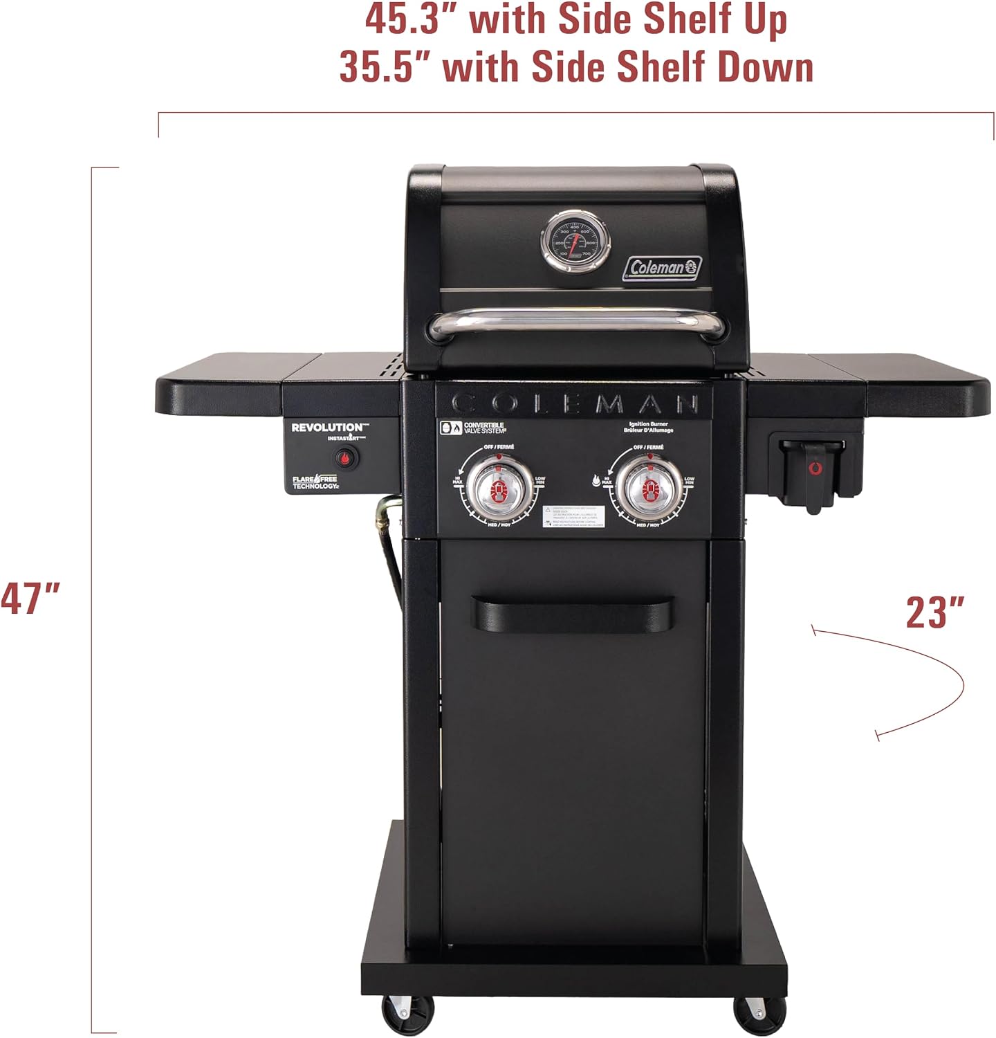 Coleman Revolution 2-Burner Propane Grill, 30,000 BTU Gas Grill with 440-Sq. In. Total Cooking Surface, 2 Side Shelves, Flare-Free Grates, and 4-Wheel Compact Cart, Black