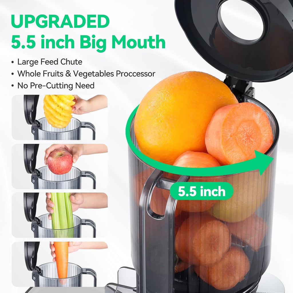 Cold Press Juicer, ORMEO HOME Masticating Juicer Machines with 5.5' Large Feed Chute Fit Whole Vegetables & Fruits, with Pulp Seperation 99.6% Juice Purity, Quiet Motor Easy to Clean BPA Free