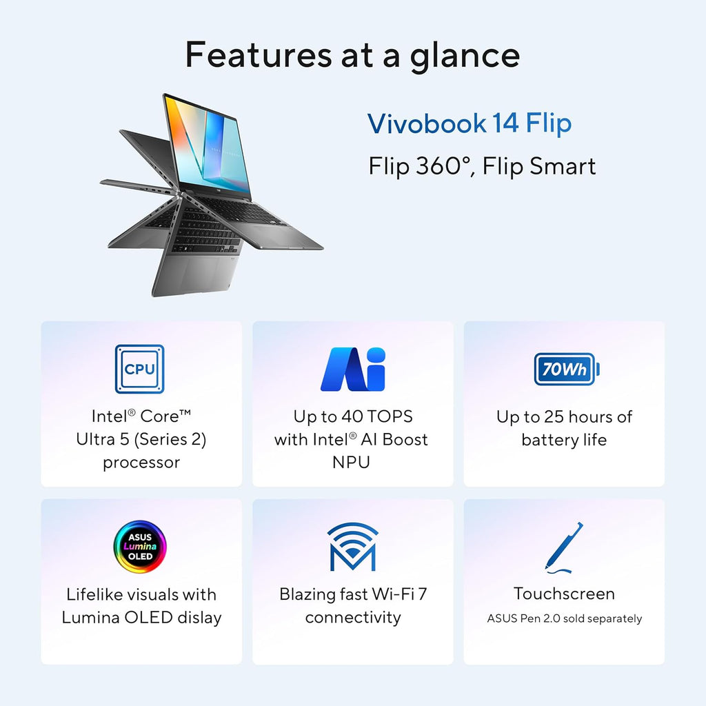 ASUS Vivobook 14 Flip Laptop Copilot+ PC, 14' OLED WUXGA 60Hz Touch Display, Intel® Core™ Ultra 5 226V and Arc™ Graphics, 16GB Memory, 512GB Storage, Windows 11, Matte Gray, TP3407SA-ES54T