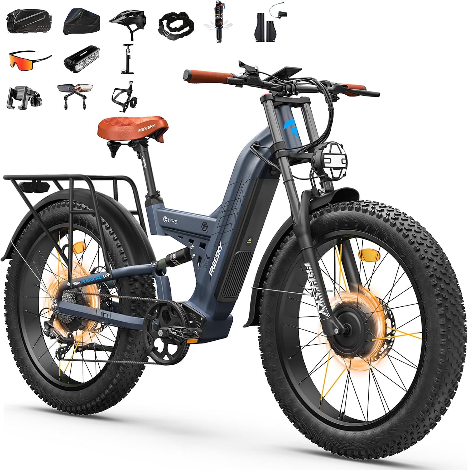FREESKY 4000W Dual Motor Electric Bike for Adults, 48V 30AH Samsung Cells Battery 120Miles Range, 40MPH AWD Fast E-Bike, 26' Fat Tire Full Suspension Electric Mountain Bike, UL2849 Certified by TÜV