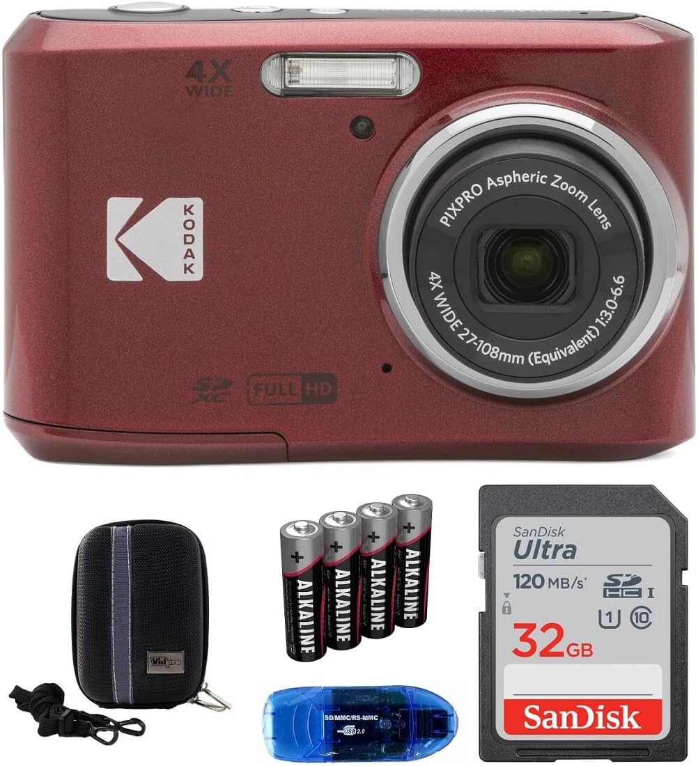 Kodak Pixpro FZ45 Digital Camera Bundle, Includes: SanDisk 32GB Memory Card, Spare Batteries, Hard Shell Camera Case and Card Reader (5 Items) (Red)