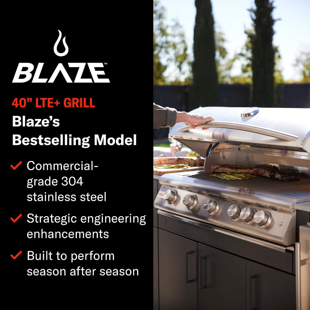 Blaze Premium LTE+ 40-Inch 5-Burner Built-In Propane Gas Grill | Stainless Steel Outdoor BBQ with Rear Infrared Burner, LED Control Knobs & Lift-Assist Hood | BLZ-5LTE3-LP