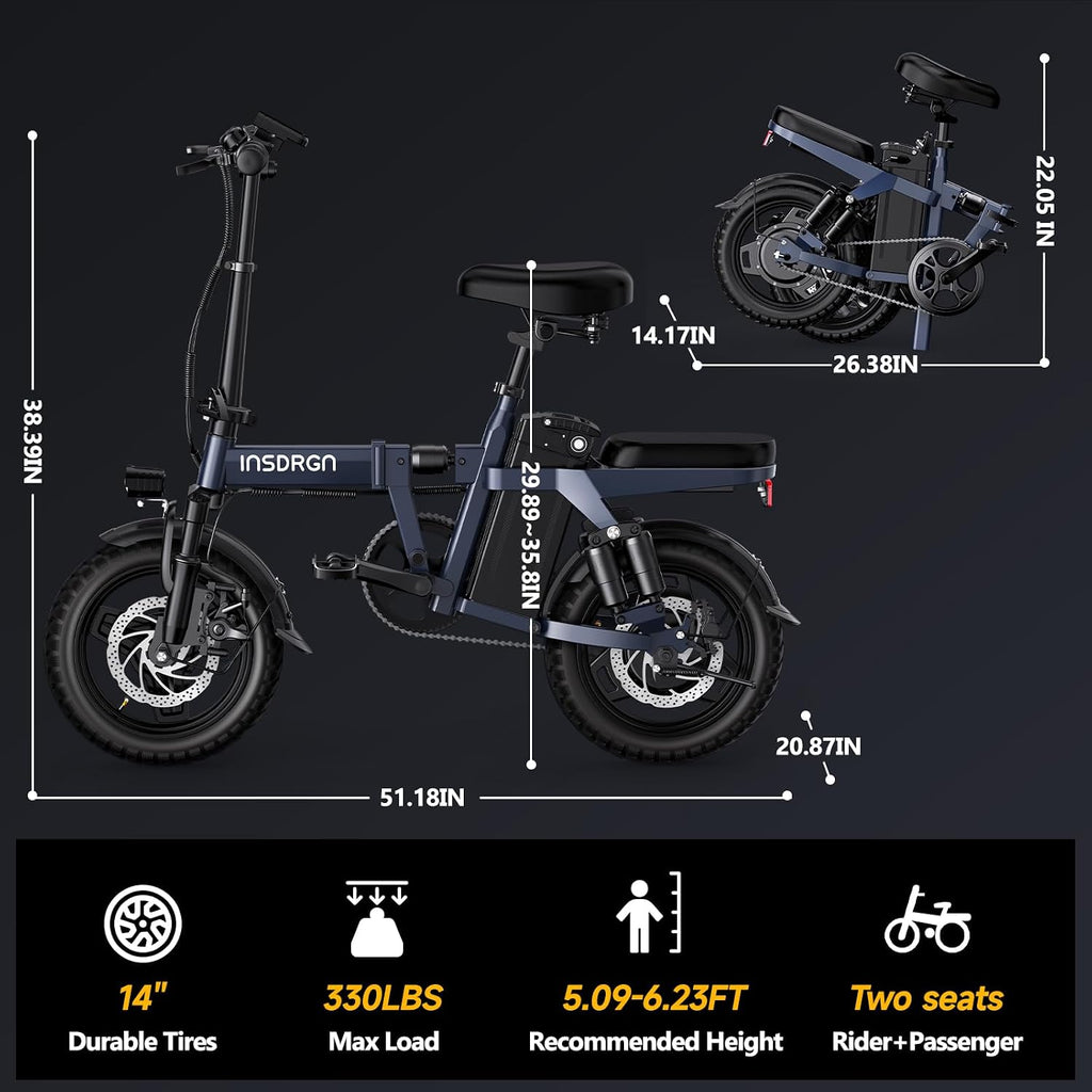 INSDRGN Folding Electric Bike for Adults Teens, Peak 1500W, 62 Miles PAS Range, 48V 16AH Removable Li Battery Ebike, 9 Shocks Full Suspension, 20 MPH Electric Bicycle, UL2849 Certified