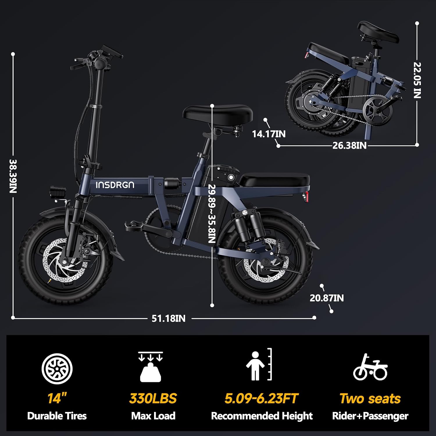 INSDRGN Folding Electric Bike for Adults Teens, Peak 1500W, 62 Miles PAS Range, 48V 16AH Removable Li Battery Ebike, 9 Shocks Full Suspension, 20 MPH Electric Bicycle, UL2849 Certified