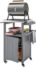 Outsunny Outdoor Grill Cart with Wheels, Stainless Steel Top, Solid Wood Outdoor Kitchen Island with Storage Cabinet, Integrated Hole, Movable Bar Cart with Spice Rack, Side Handle for BBQ, Dark Gray
