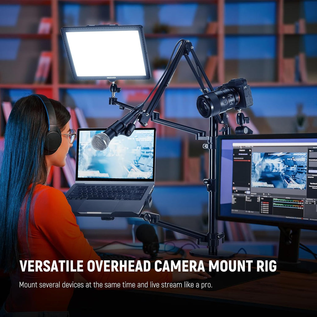 NEEWER Overhead Camera Stand Desk Mount Rig with 4 Boom Arms for Photography Video Light Ring Light Phone Mount Webcam Mic Compact DSLR for Live Streaming Broadcast Online Teaching Meeting, DS007