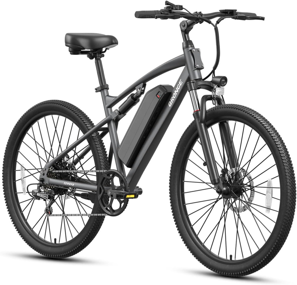 QRONGE Electric Bike for Adults, Full Suspension Ebike, 1000W Peak Motor 486Wh Battery, 28MPH(PAS Mode) Mountain Electric Bicycles, 26'' Tire, 7 Speed, Up to 70 Miles, Zephyr