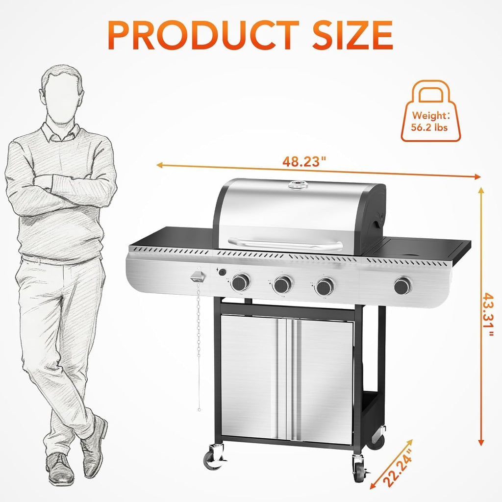 3-Burner Propane Gas Grill with Side Burner, 34,000 BTU Stainless Steel BBQ Grill – Heavy-Duty Porcelain-Enameled Grates for Patio and Outdoor Cooking
