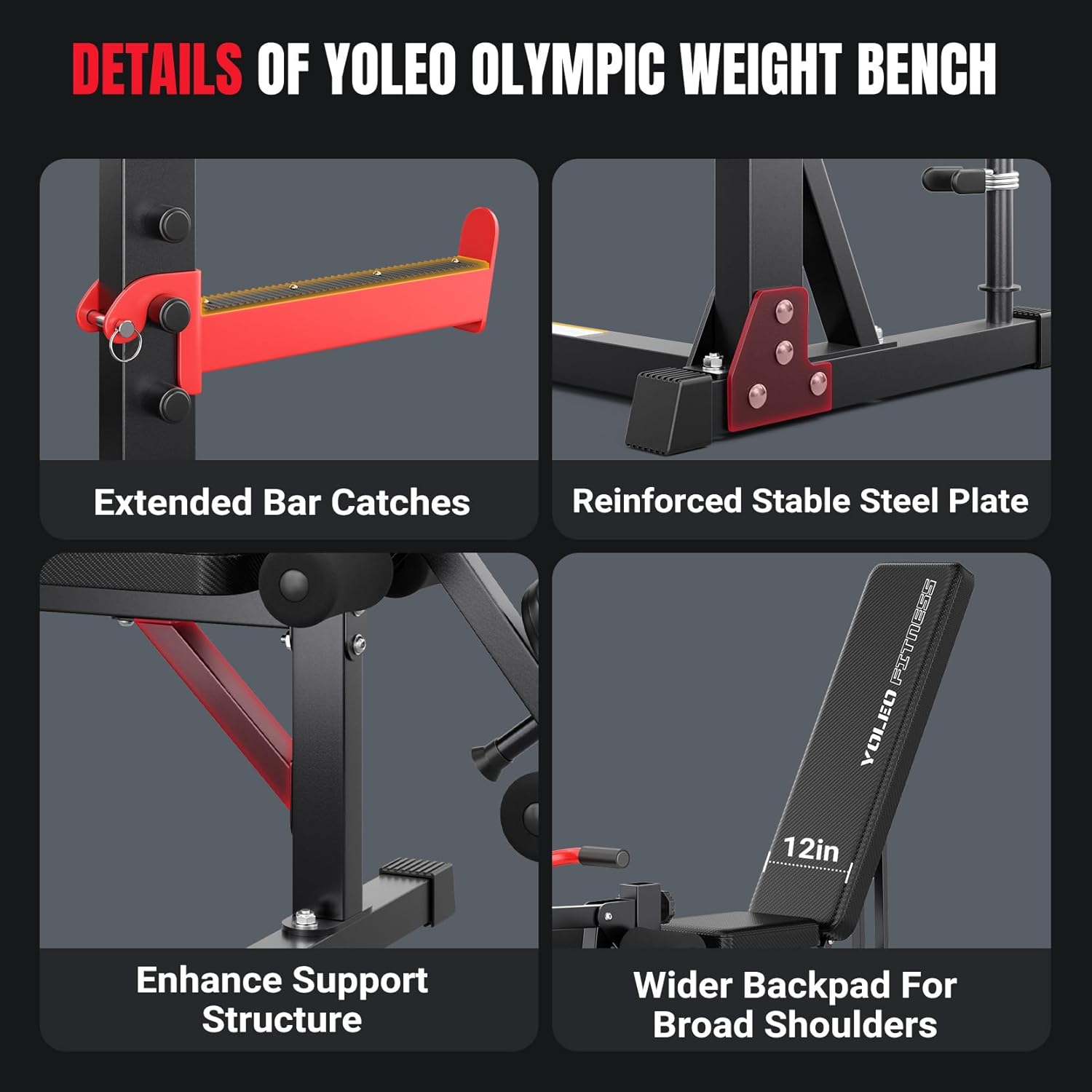 Yoleo Weight Bench with Rack - Bench Press Set, Leg Extension, Preacher Curl & Flat/Incline/Decline Full Body Workout Bench, Adjustable Olympic Weight Benches for Home Gym(47.44IN WIDE GRIP)