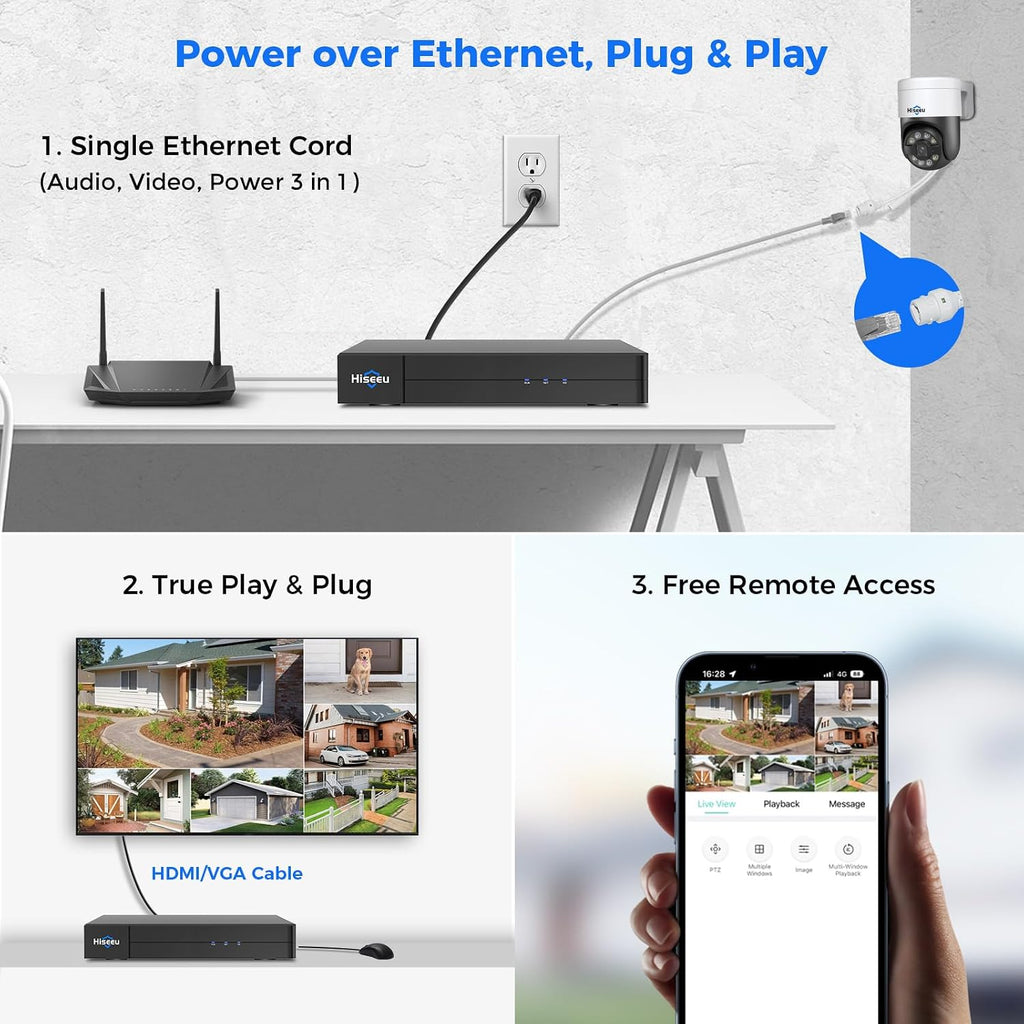 [330°View+Human Tracking] Hiseeu 6MP PoE PTZ Camera System,NVR Security Camera System w/2Pcs 5MP Wired Security Camera Outdoor&Indoor,2-Way Audio,Waterproof,7/24 Record for Home Surveillance