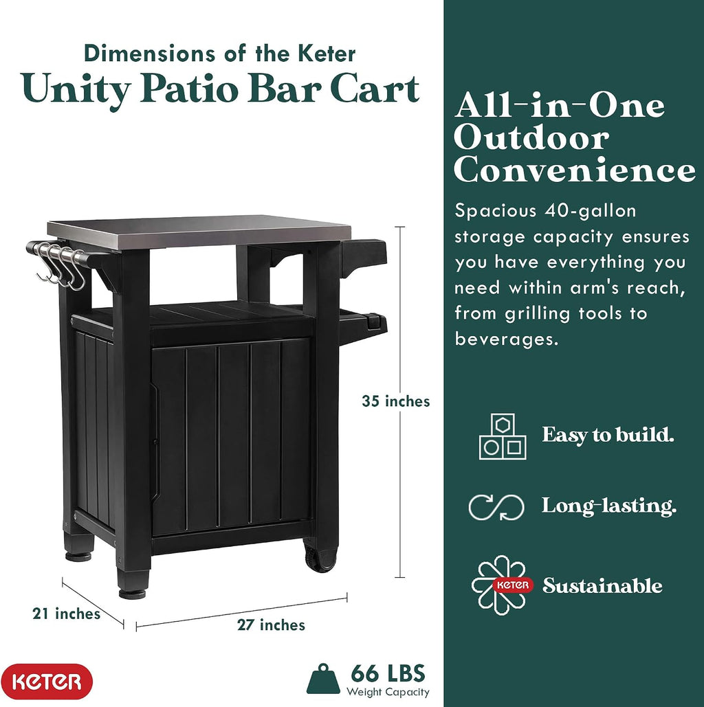 Keter Outdoor Grill Prep Table & Serving Cart, Stainless Steel Top, Unity, 40 Gal, Brown - Portable Bar Table and Cooking Accessory for Pool, Patio, Lawn, and Backyard
