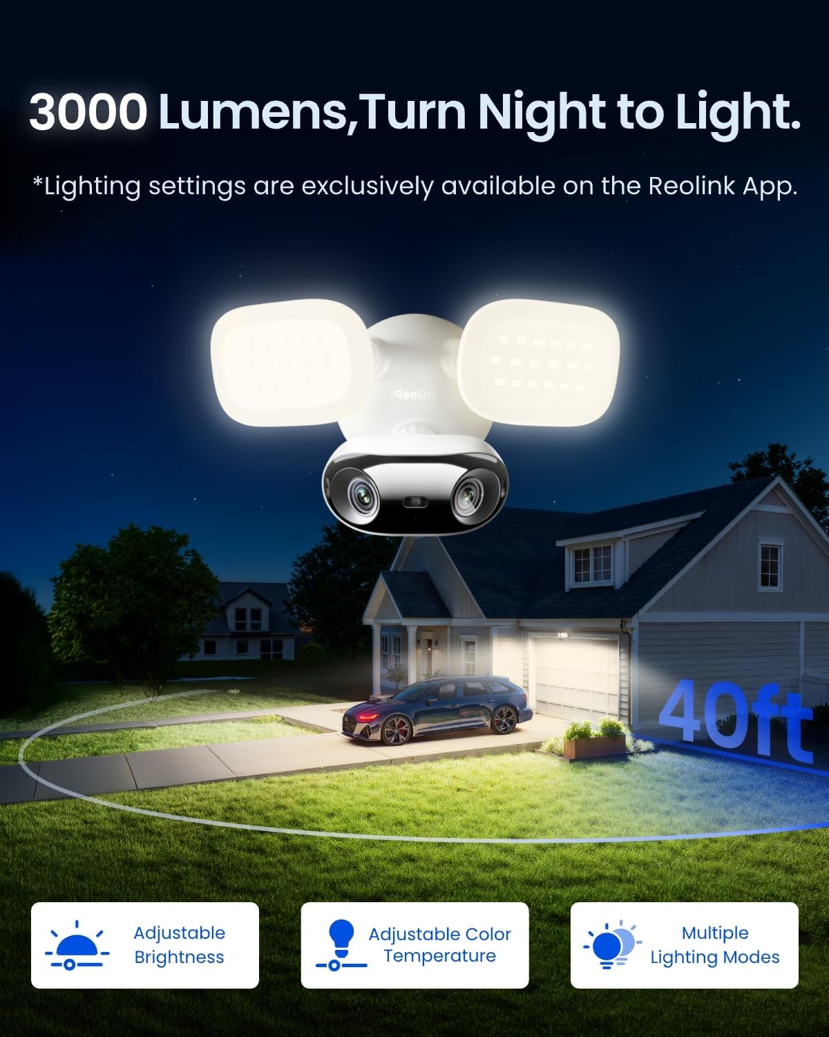 REOLINK Elite Floodlight WiFi with Plug-in Power Cable, 4K 8MP 180° Panoramic Floodlight Camera, Adjustable 3000 Lumens Spotlights, AI Video Search, Dual-Band Wi-Fi 6, 24/7 Recording, No Monthly Fees