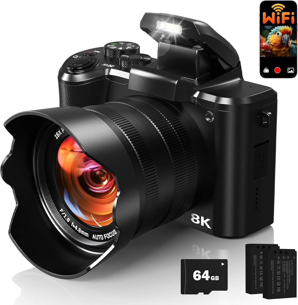8K Digital Cameras for Photography, Autofocus 88MP WiFi Vlogging Camera for YouTube with Selfie Lens, Professional Video Camera with Flash, Touch Screen, Lens Hood, 64GB Card, 2 Batteries