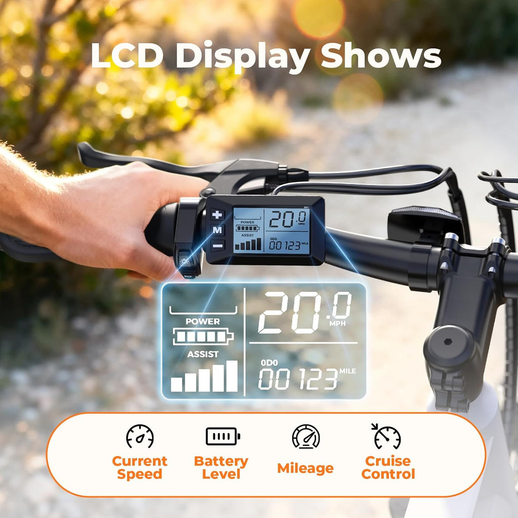Electric Bike, 1000W Peak Powerful Motor, 65+ Miles Range & 20MPH Top Speed, 26'' Tires E-Bike, Adjustable Seat, Shock Absorber, Commuting Electric Bike for Adults