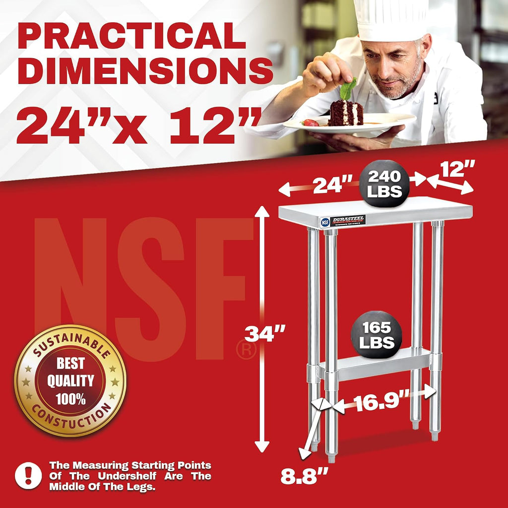 DuraSteel 24x12 Small Stainless Steel Table - NSF Metal Narrow Commercial Food Prep Side Worktable with Under Shelf - For Laundry Room, Kitchen, Outdoor Grill, Small Spaces