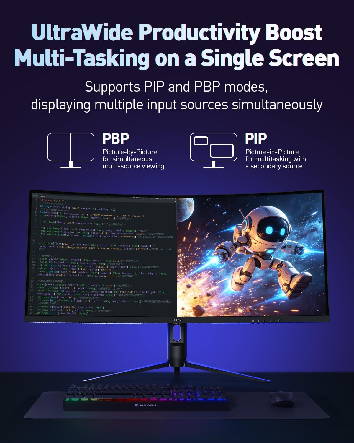 KOORUI 34' Ultrawide Curved Gaming Monitor, 240Hz, WQHD 3440×1440, 1500R Immersive Display, Adaptive Sync, 1ms, DIC-P3 98%, HDR400, HDMI 2.1/DP 1.4, VESA, for PC Gaming, Work & Play