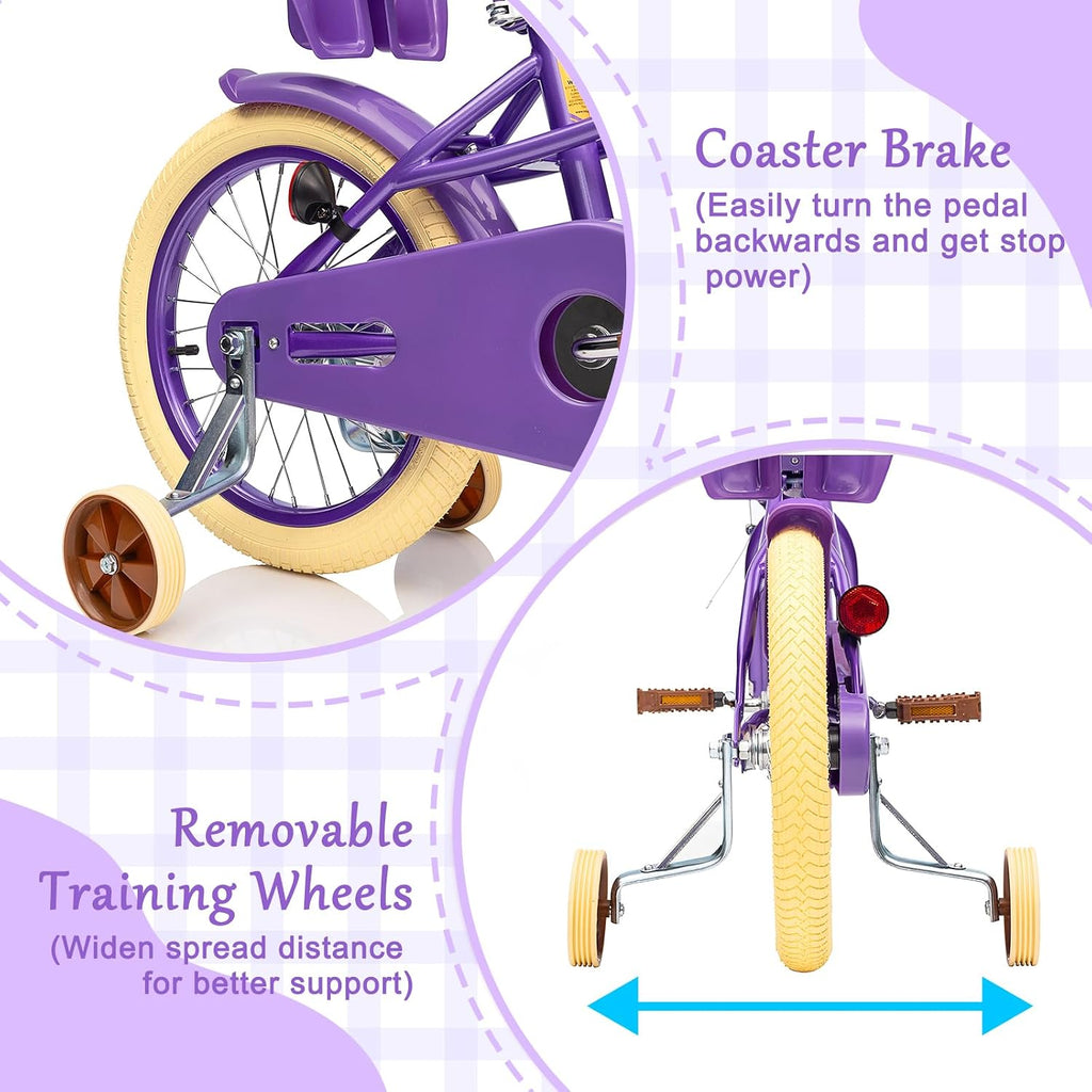 Glaf Toddler Girls Bike 12 14 16 20 Inch Girls Bike with Training Wheels Age 2-12 Years Old Bicycle Kids Bike with Basket and Doll Seat Adjustable Seat