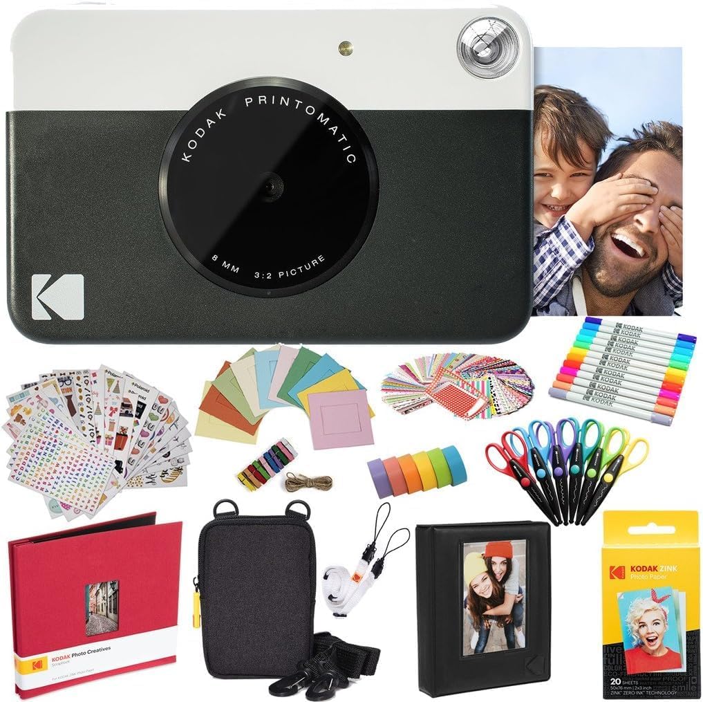 Kodak Printomatic Instant Camera (Black) All-in-Bundle + Zink Paper (20 Sheets) + Deluxe Case + Photo Album + 7 Sticker Sets + Markers + Scissors and More