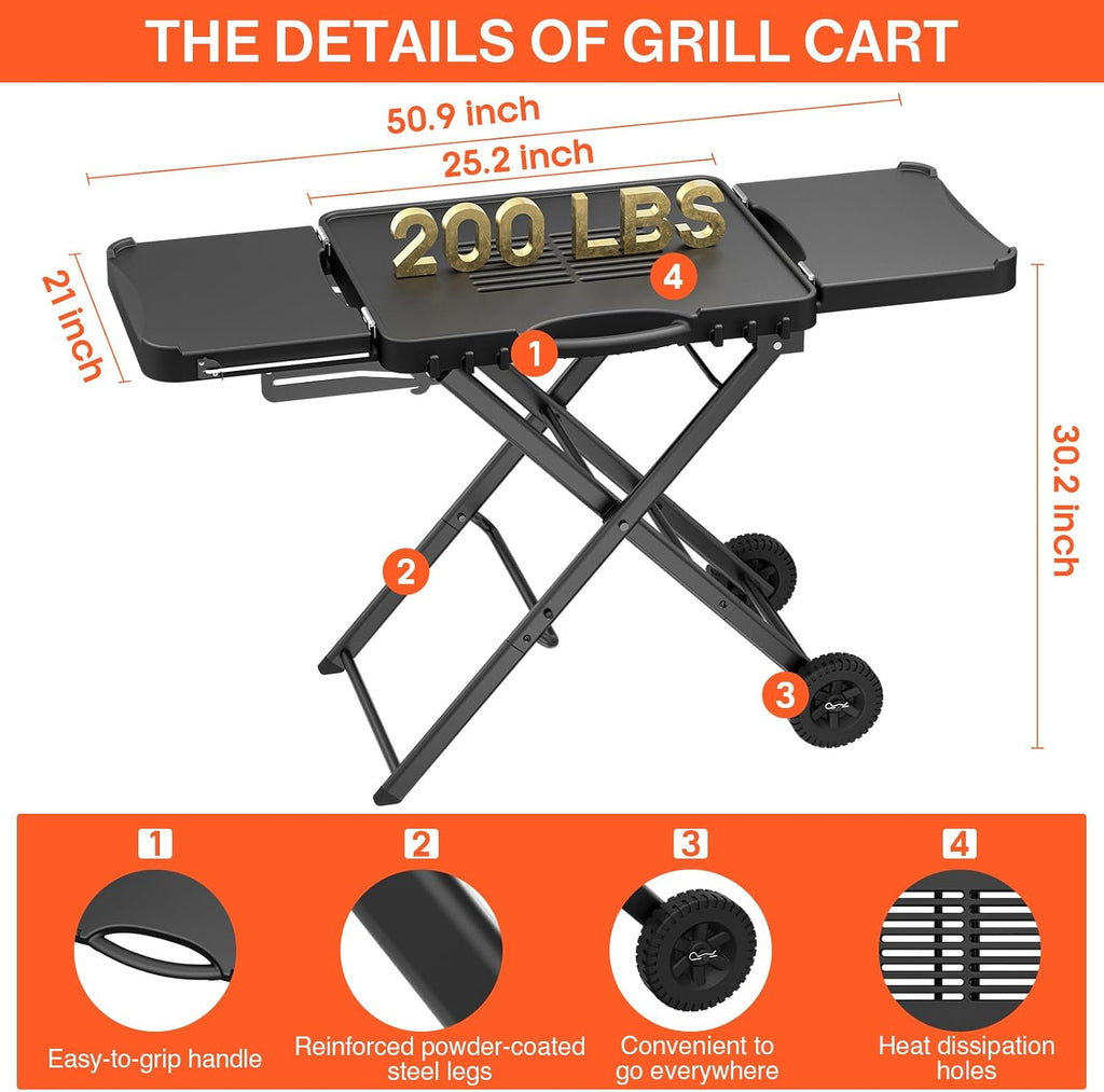Grill Stand for Ninja Woodfire OG701, OG850, OG951, Portable Foldable Grill Table with Wheels & Side Shelf, 51' Large Space BBQ Table for Weber, Blackstone Griddle, Ooni Pizza Oven Accessories