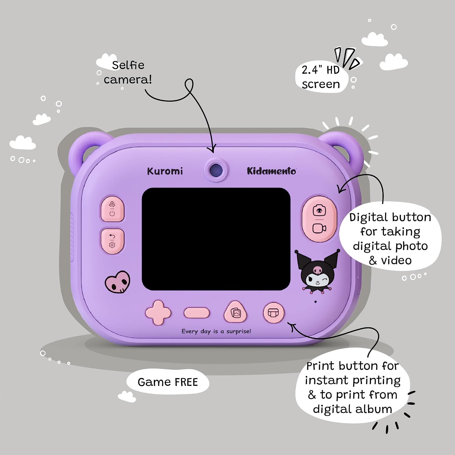 Kuromi Official Licensed Instant Print Digital Camera, 2.4' HD Screen, Ink-Free B&W Printing, Selfie Lens, 1080p Video, 32GB Memory Card (Model P) by kiimento