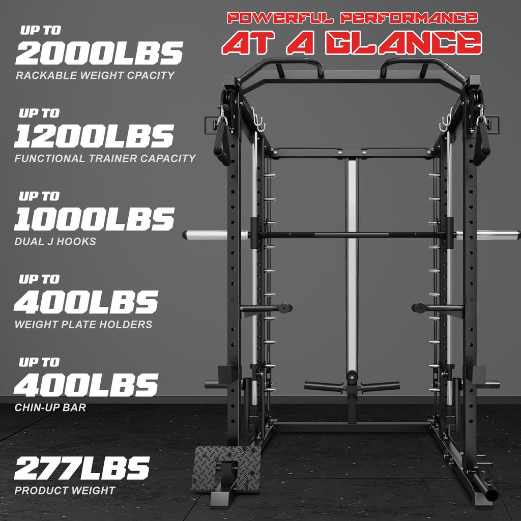S1-V4 Smith Machine, 2000LBS Power Cage with Cable Crossover System, All-in-One Squat Rack with Smith Bar, Strength Training Equipment for Hone Gym