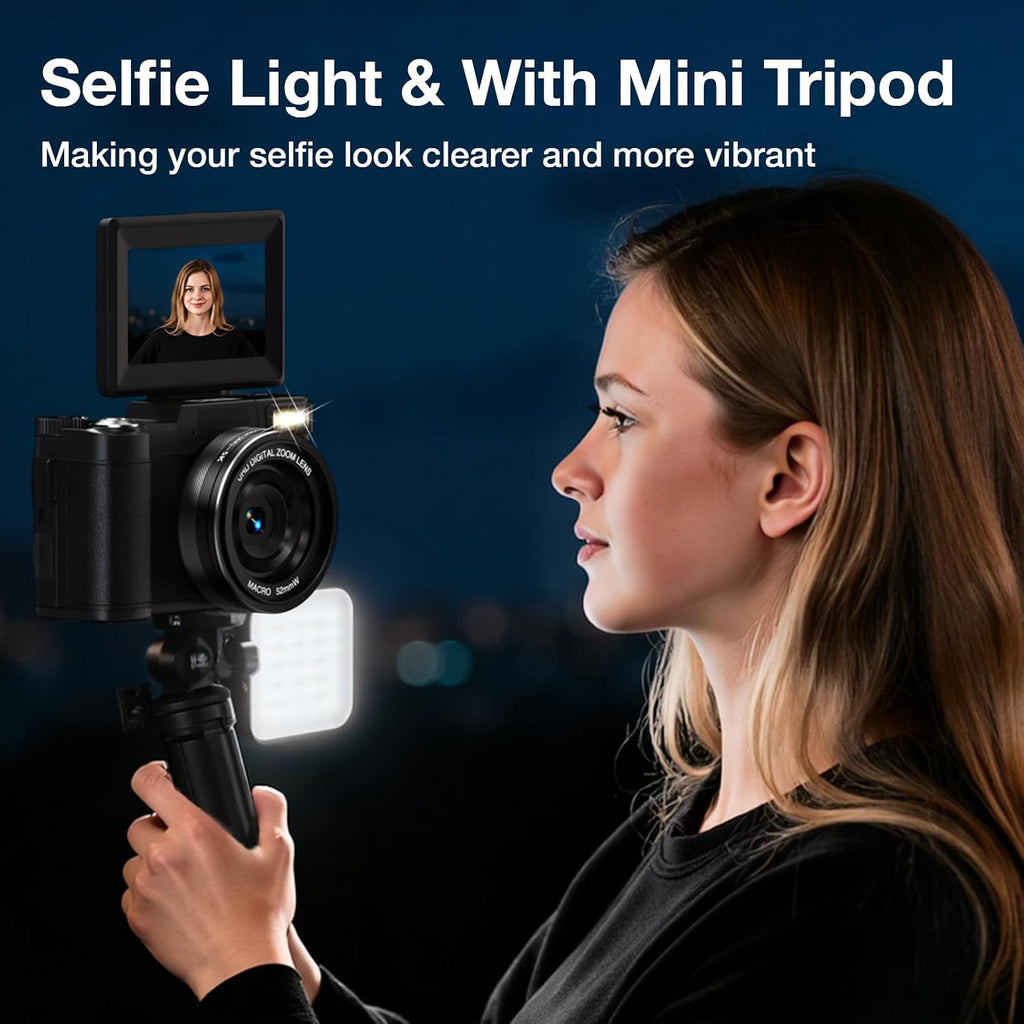 5K Digital Camera with WiFi for Photography, 64MP Vlogging Camera with Flip Screen for YouTube, Includes 64GB SD Card, Tripod, Selfie Light & 2 Batteries