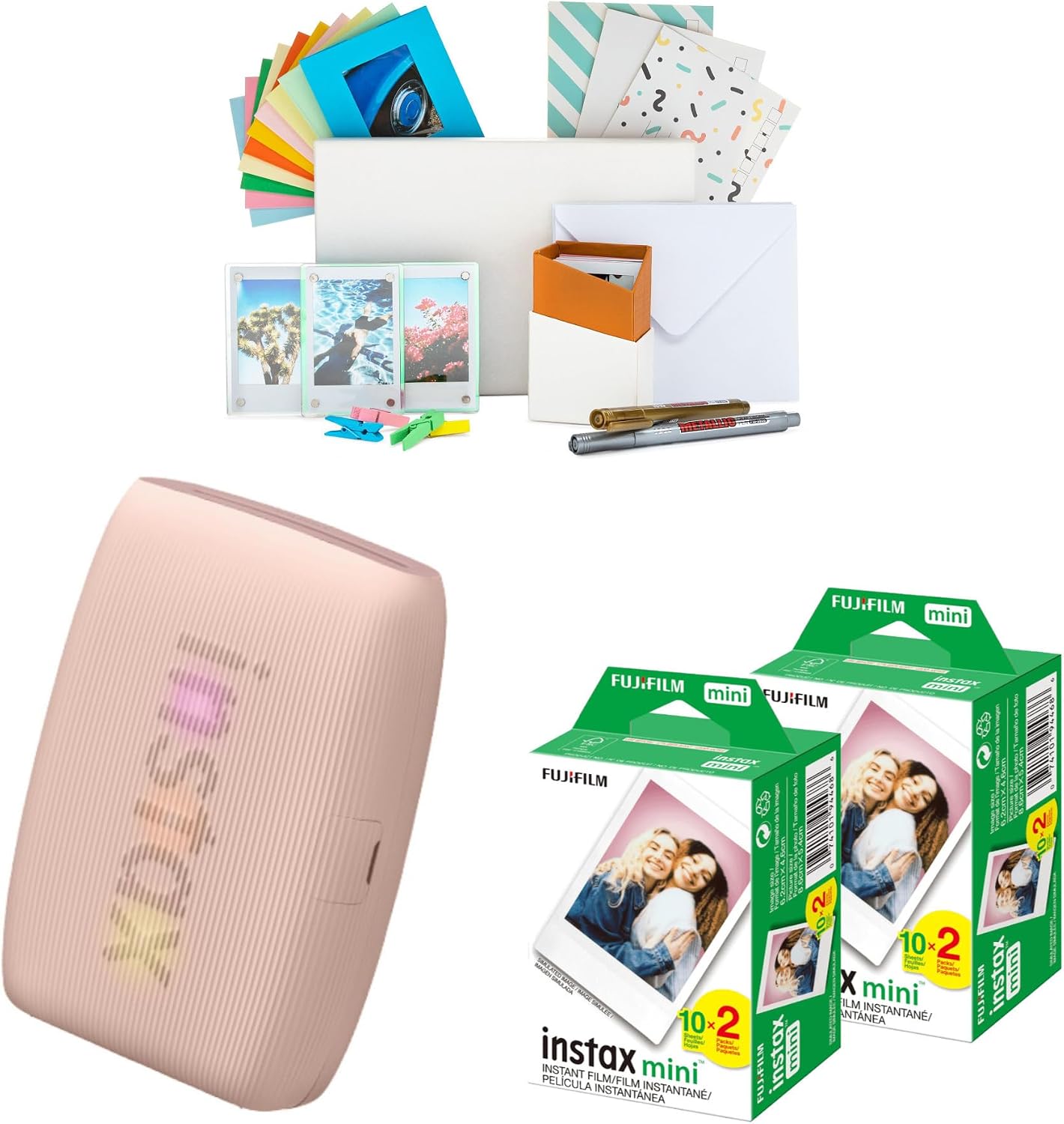 Fujifilm Instax Mini Link 3 Compact Smartphone Printer with Instax AiR Studio App (Rose Pink) Bundle with Focus Camera Polaroid Film Kit and Fujifilm Instax Mini Twin Film Pack (2-Pack) (4 Items)