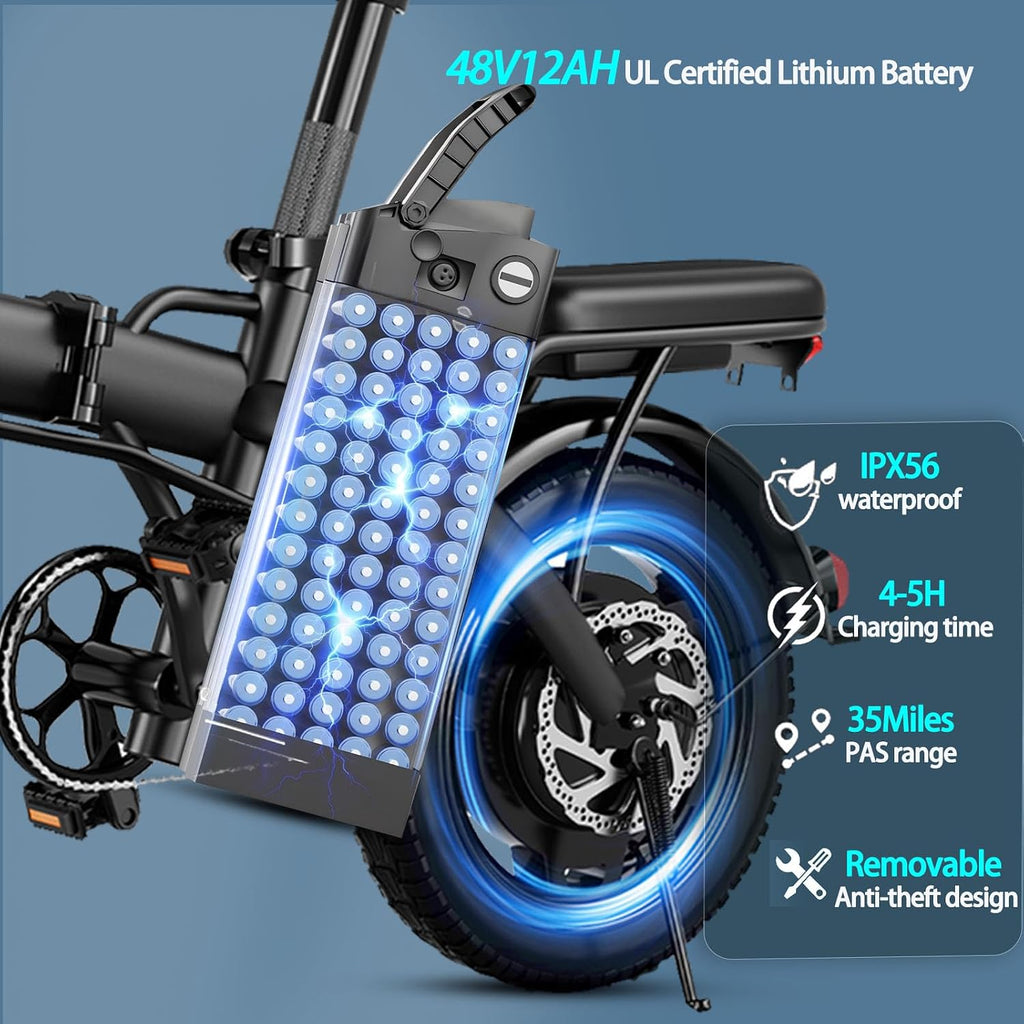 Folding Electric Bike for Adults, 500W Motor, 23MPH, 14' Mini Ebike | Pedal Assist | 30° Uphill | Shock Absorbers | 48V12AH Removable Battery | UL 2849 | Dual Disc Brake | 38 Miles PAS Range (T1)