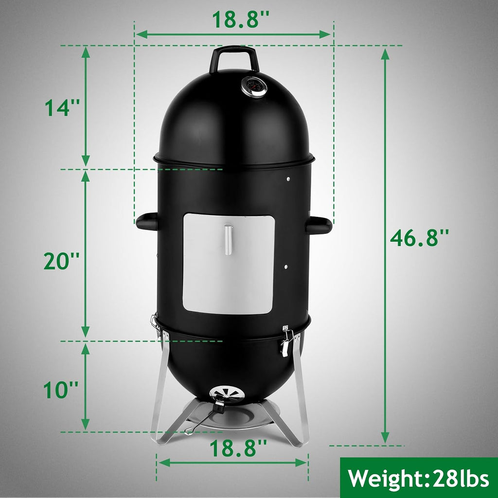 Vertical Steel Charcoal Smoker, Round BBQ Grill Vertical Charcoal BBQ Smoker, 3-in-1 Portable Outdoor Grill Cooker with Built-in Thermometer for Outdoor Cooking Backyard Grilling Camping Picnic