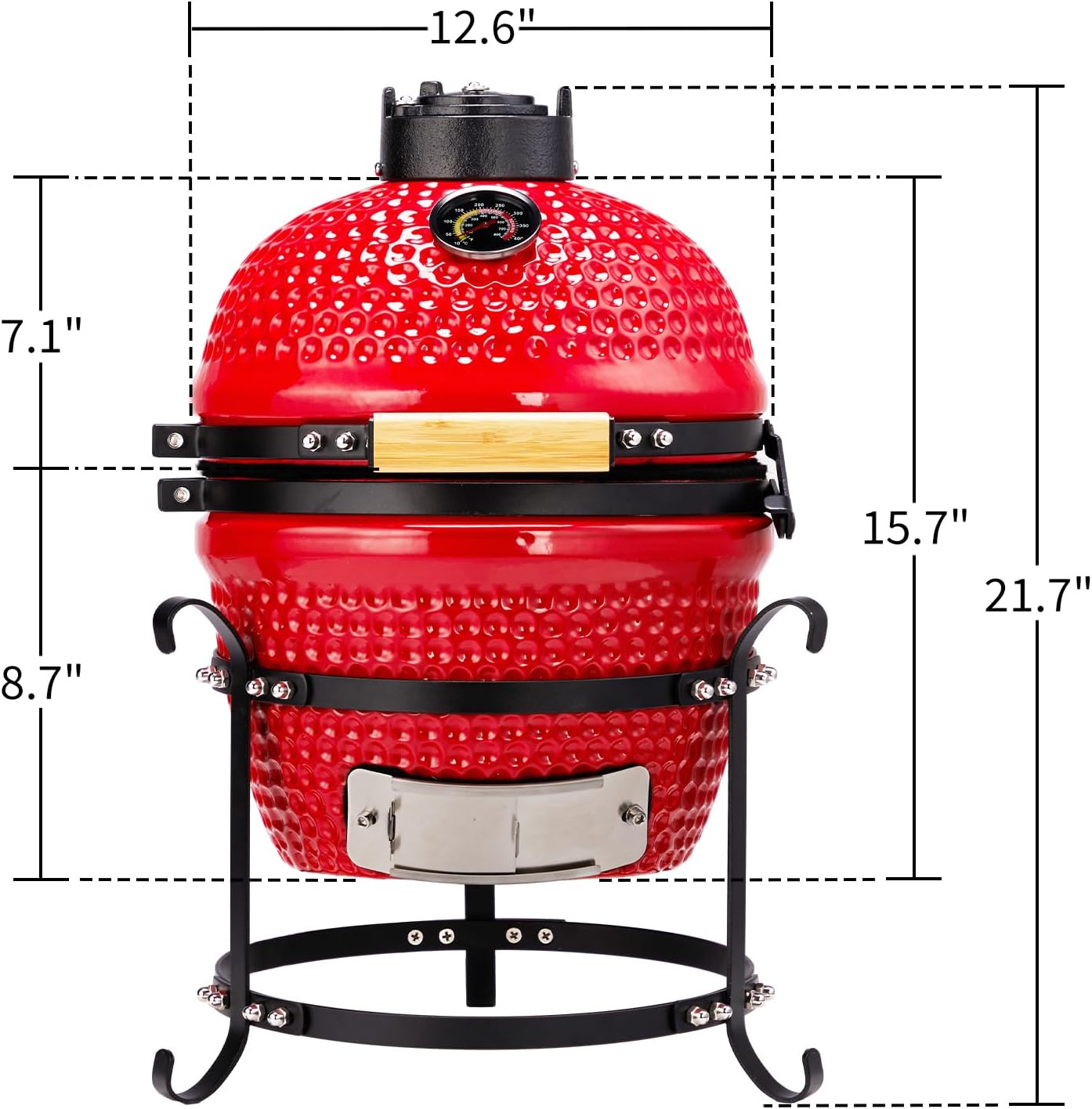 13' Portable Round Ceramic Charcoal Grill,Outdoor Barbecue Smoker,Heavy Duty Outdoor BBQ Grill,Vertical Camping Barbecue Grill,with Built-in Thermometer,for Garden Patio Beach Backyard (Red)