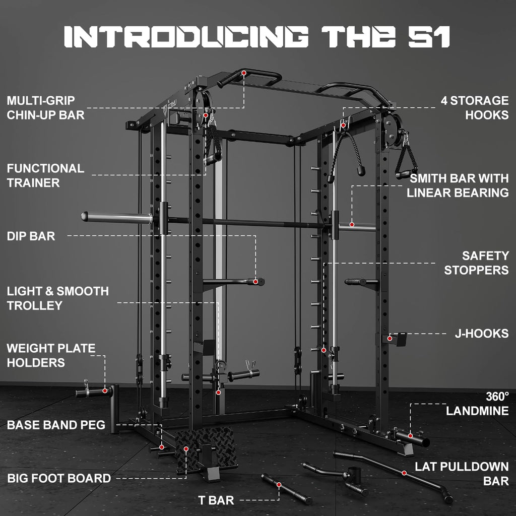 S1-V4 Smith Machine, 2000LBS Power Cage with Cable Crossover System, All-in-One Squat Rack with Smith Bar, Strength Training Equipment for Hone Gym
