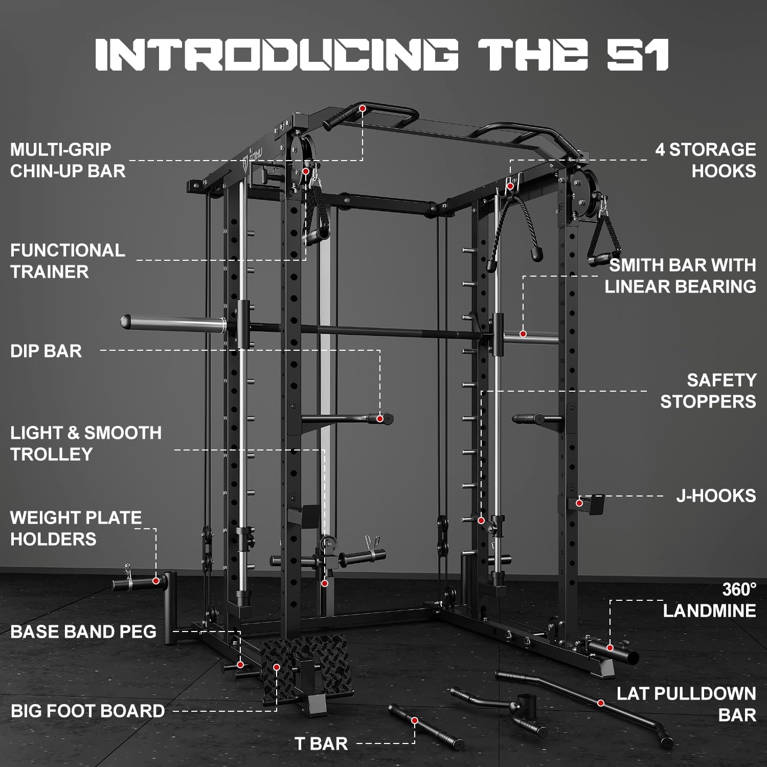 S1-V4 Smith Machine, 2000LBS Power Cage with Cable Crossover System, All-in-One Squat Rack with Smith Bar, Strength Training Equipment for Hone Gym
