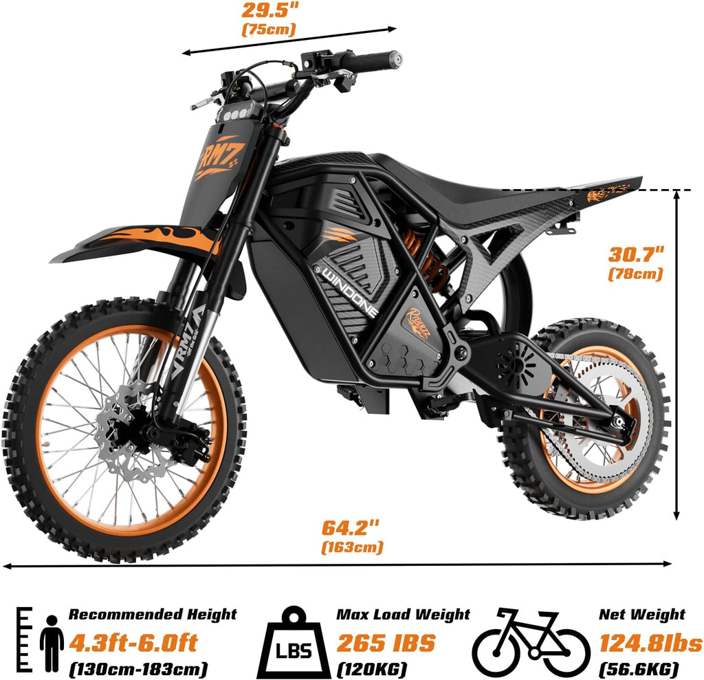 Windone RM7 Electric Dirt Bike, 48V 22.5Ah Up to 37MPH & 45-Mile Electric Motorcycle, 2200W Ebike, 14'/12' Off-Road Tire E-Bike, Dual Hydraulic Brakes, Full Suspension, Black & Orange