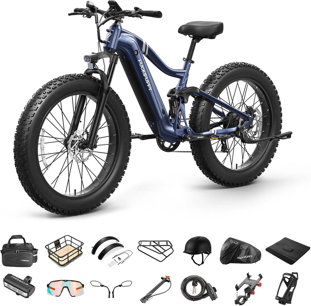 PUCKIPUPPY Boxer Electric Bike for Adults 960W, 48V 20AH Battery Ebike, Full Suspension 26' Fat Tire E Bike, 28MPH 80Miles Range Mountain Electric Bicycle, 7 Speed Hydraulic Disc Brakes